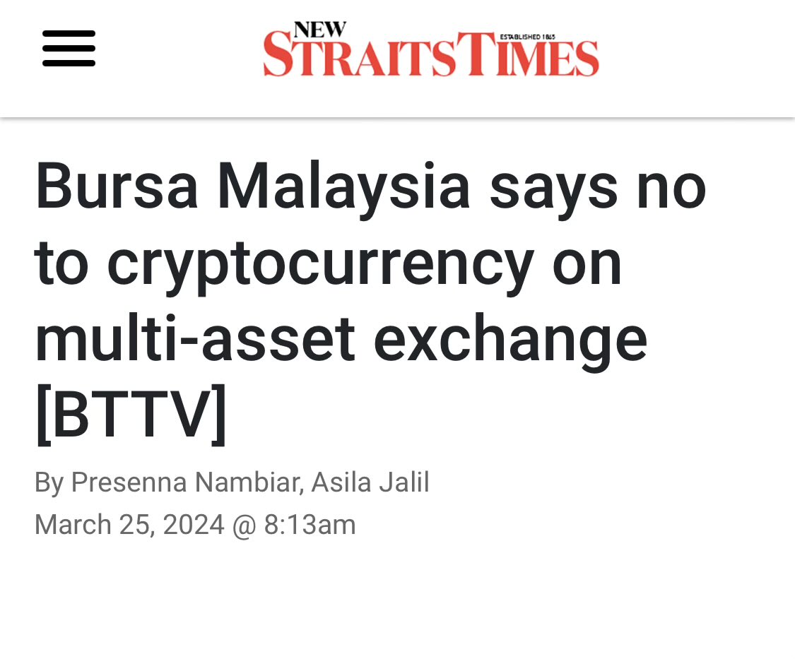 JUST IN: Bursa Malaysia said no to #bitcoin and cryptocurrency. Luno must  be happy to hear this news.