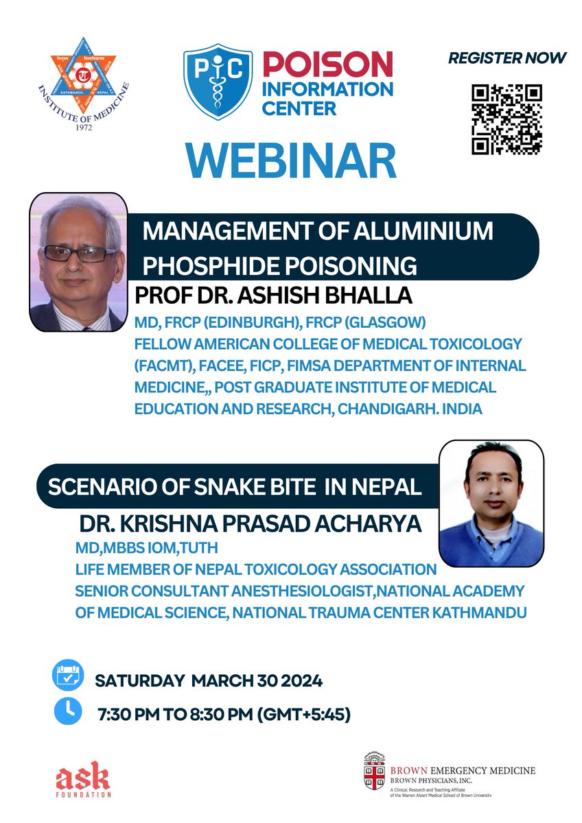 Join us to learn about handling Aluminum Phosphide Poisoning from Prof. Dr. Ashish Bhalla, and discover insights on snake bites in Nepal with Dr. Krishna Prasad Acharya
Registration link: forms.gle/LrScaDtmeFBoYk…
Date: Saturday, March 30, 2024 Time: 7:30 pm to 8:30 pm NST