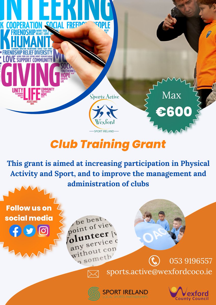 Our Club Training Grant is now open for applications. You can apply online at: wexford-self.achieveservice.com/service/Sports… For more information see our website: wexfordcoco.ie/community-and-… #Grant #Support #Wexford
