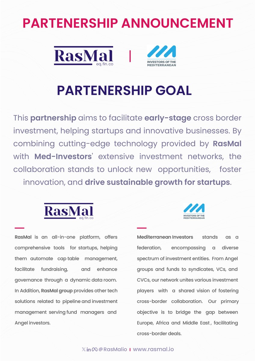 RasMalio's tweet photo. RasMal and Med-Investors announce a partnership to propel startup ecosystem.
We are thrilled to announce a partnership agreement between #RasMal and @InvestorsMed , a network of angel investors, at #LEAP24. https://t.co/YFtyC9Iwbx