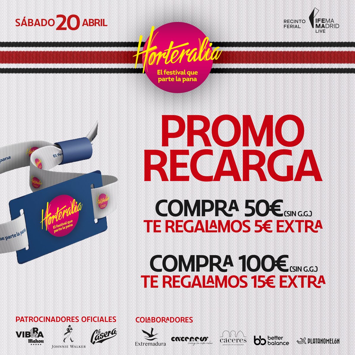 💥PROMO RECARGA💥

⚡️Recarga 50€ y consigue 5€ de saldo extra.
⚡️Recarga 100€ y consigue 15€ de saldo extra.

Hazte ya con ella en horteralia.bracelit.es 

#horteralia #festival #madrid #elfestivalquepartelapana #promorecarga