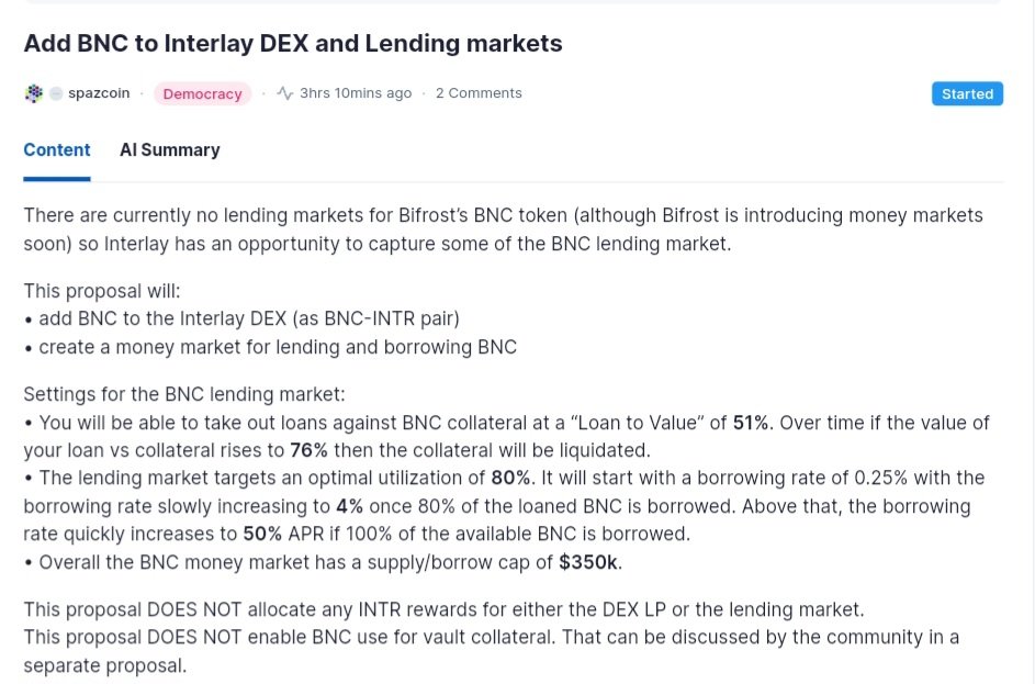Jose (π,π¦) (@j0serafael12) on Twitter photo Referedum #97 is now live to vote on <a href="/InterlayHQ/">Interlay | Bitcoin DeFi</a>!
This proposal if approved will:
β’ Add BNC to the Interlay DEX (as BNC-INTR pair)
β’ Create a money market for lending and borrowing BNC
Can read more info about the rates and threshold on the link π Referedum #97 is now live to vote on <a href="/InterlayHQ/">Interlay | Bitcoin DeFi</a>!
This proposal if approved will:
β’ Add BNC to the Interlay DEX (as BNC-INTR pair)
β’ Create a money market for lending and borrowing BNC
Can read more info about the rates and threshold on the link π