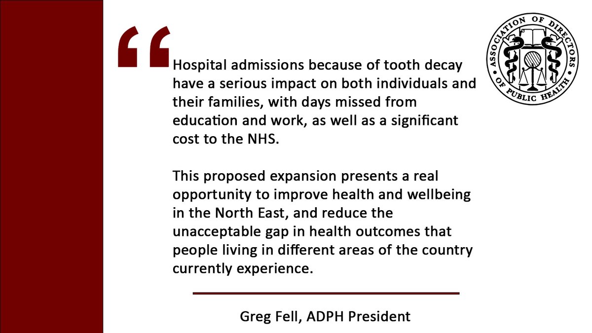 [1/2] The #Gvt has announced plans to extend the current water fluoridation scheme in the North East to reach an extra 1.6m people. 

Water fluoridation is the single most effective #PublicHealth measure for ⬇️tooth decay - the leading cause of 🏥admissions for 5-9 yr olds.