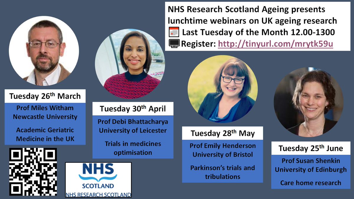 CPD Klaxon! Join Prof Miles Witham and I, for the first NRS Ageing 'Lunch and Learn' webinar. Tuesday 26th March, 1200 UK time. (not just for Scots, not just for academics) @OlderTrialsProf @NHSResearchScot