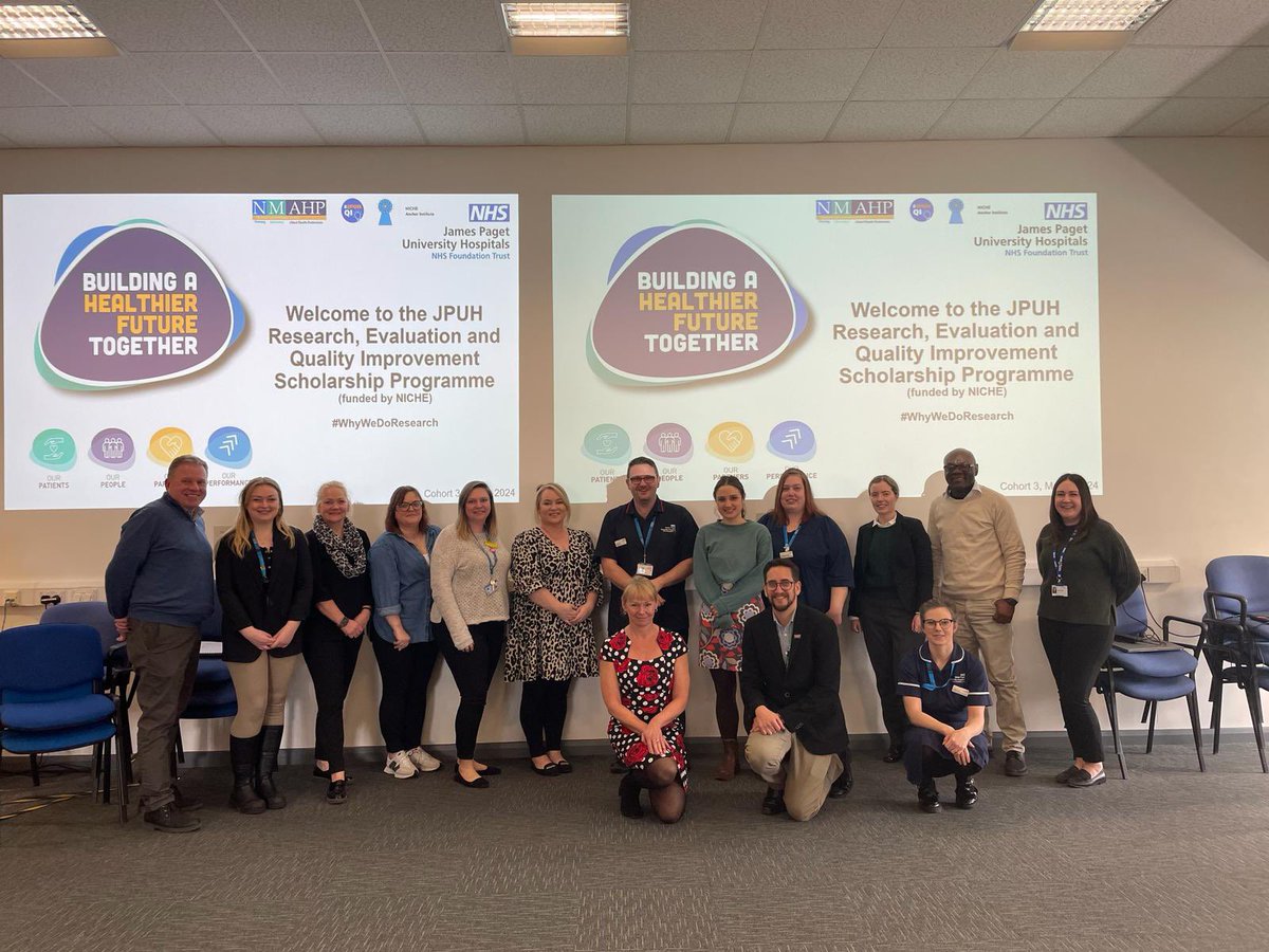 Here they are, our wonderful scholars starting their awesome journey through cohort 3 research evaluation & QI scholarship programme (funded by @UEA_NICHE). Pictured with Chief Nurse @mrpaulcmorris & the programme team. Embedding ‘people’ & ‘projects’ for the benefit of patients.