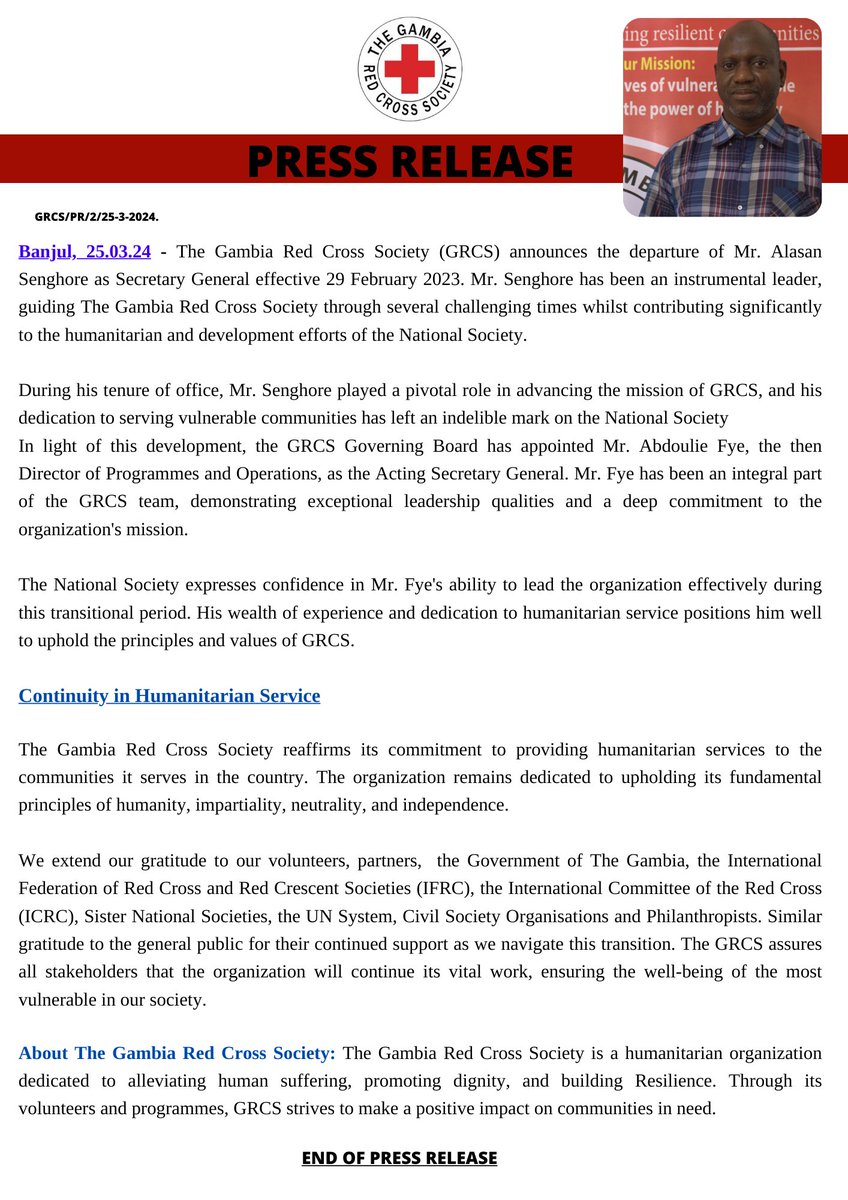 The #GRCS Board has appointed Mr. @AbdoulieFye as the Ag. SG of @GambiaRedCross. With his extensive experience as the former Director of Programmes & Operations, Fye brings strong leadership & unwavering dedication to our mission. We're thrilled to have him lead us forward