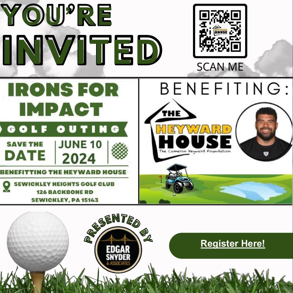 Join us at Irons for Impact Golf Tournament supporting The Heyward House! Register now: bit.ly/3ItvZo5 ⛳#EdgarSnyderandassociates #SwingForACause #CommunityChampion #CamHeyward #BeyondTheSeason #CommunityHeroes #impact97 #CaptainCam #SteelerNation #HereWeGo @camhey97