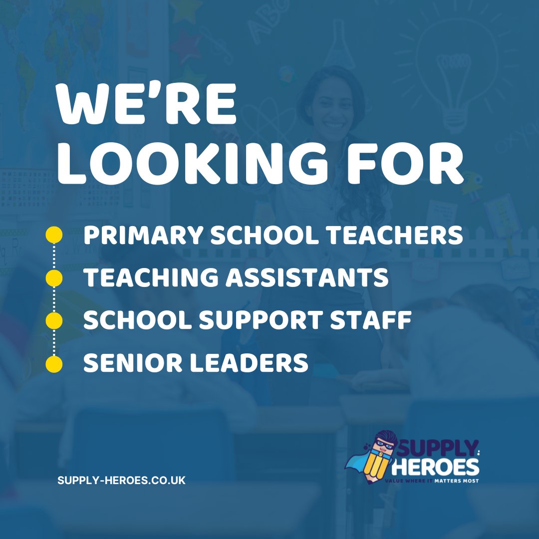 We're looking for supply staff in various roles across the Midlands: ✏️ Primary school teachers ✏️ Teaching assistants ✏️ School support staff ✏️ Senior leadership roles Interested? Upload your CV here: supply-heroes.co.uk/sign-up/ #EducationRecruitment #TeacherTwitter