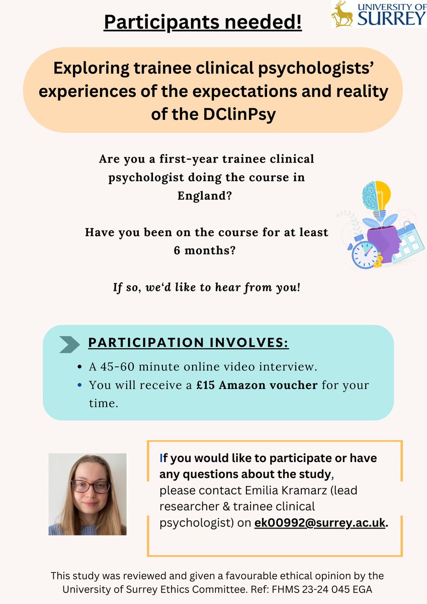 Emilia Kramarz (@emiliakramarz) on Twitter photo I am now recruiting for the second study as part of my doctoral research! If you are a first-year trainee clinical psychologist doing the DClinPsy in England and have been on the course for at least 6 months, please consider taking part! Please share with anyone who may be I am now recruiting for the second study as part of my doctoral research! If you are a first-year trainee clinical psychologist doing the DClinPsy in England and have been on the course for at least 6 months, please consider taking part! Please share with anyone who may be