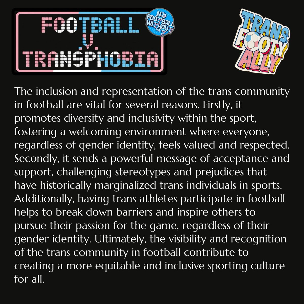 Just my thoughts 🩵🤍🩷

#TransFootyAlly | #Trans | #NoFootballWithoutTheT | #FvT2024