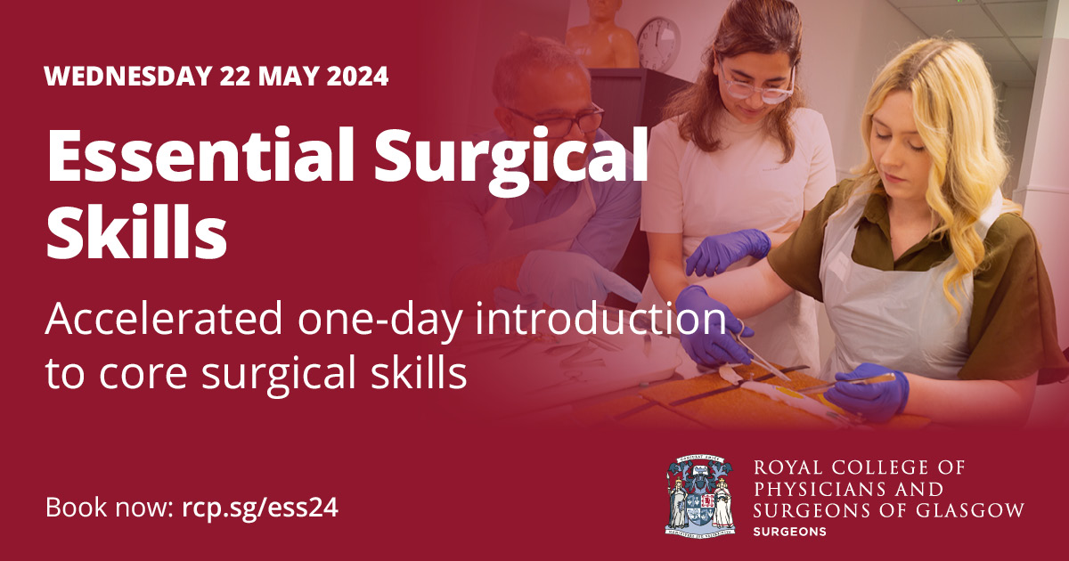 If you’re a trainee looking towards a surgical career, our course on 22 May is ideal to help prepare you for basic surgical examinations. This will include knot tying, tissue handling and laparoscopic training. Book at: ow.ly/x8kc50R0XbF @RCPSGTrainees @JohnCam_Brennan