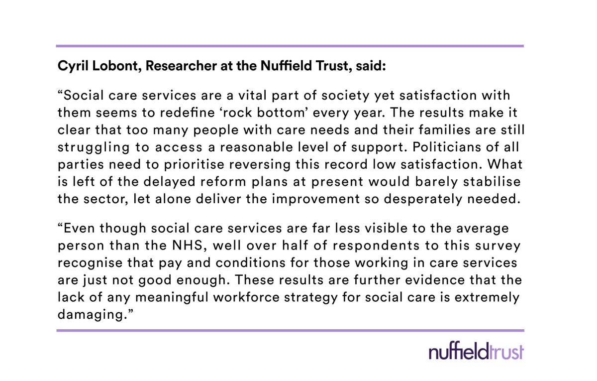 🆕 Public satisfaction with #SocialCare services has dropped to just 13%, the lowest level ever recorded. Find out more about our @NatCen #BritishSocialAttitudes survey analysis with @TheKingsFund here. 👇 nuffieldtrust.org.uk/news-item/brit…
