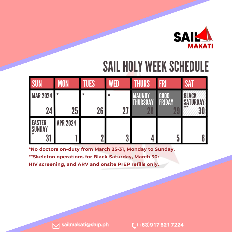 Ahoy, SAIL Clients! Kindly note that our updated schedule, as the #SAILClinics will be closed on THURS and FRI, March 28-29, with skeleton ops on SAT, March 30 (HIV screening & clinic refills only). Regular operations resume on SUN, March 31. linktr.ee/sailclinics 1/