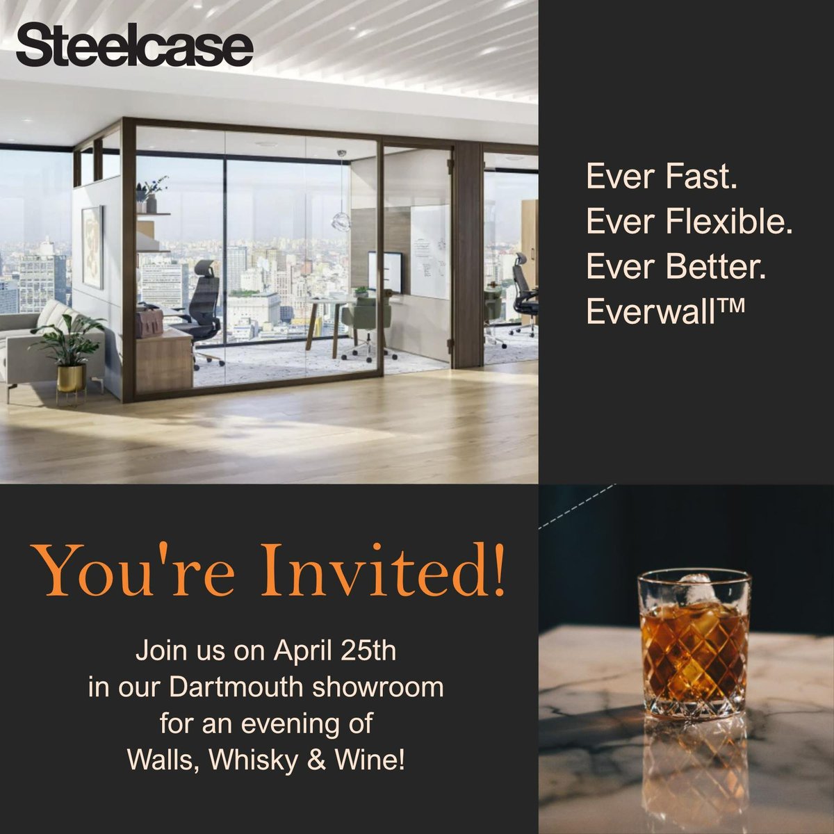 ABI_tweets's tweet image. Join us for an evening of Walls, Whisky &amp;amp; Wine! We will explore and celebrate Everwall by @steelcase — a brand new pre-fabricated wall solution that supports a flexible, hybrid workplace. 

Learn more &amp;amp; Register here: info.atlanticbusinessinteriors.ca/wallswhiskyand…