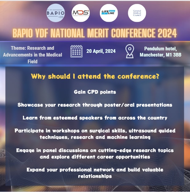 Join the BAPIO YDF National Merit Conference 2024 on Saturday 20 April at Pendulum Hotel, Sackville St, Manchester M1 3BB! Registration link: bookcpd.com/course/nationa… The conference offers 8 CPD points with exciting keynote speakers and 4 workshops!