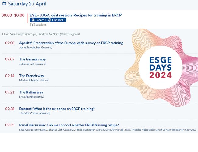 📢 Young endoscopists, mark your calendars! Join us for a series of EYE-JUGA joint sessions at #ESGEDays2024: 1️⃣Greatest hits vol. 1 📅April 25 🕒15:30-16:30 2️⃣When Less is More 📅 April 26 🕒11:30-12:30 3️⃣Recipes for Training in ERCP 📅 April 27 🕘09:00-10:00 See you there!