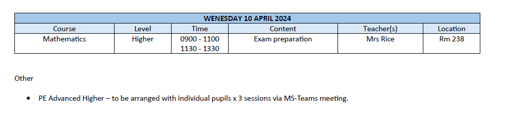 Easter School Timetable