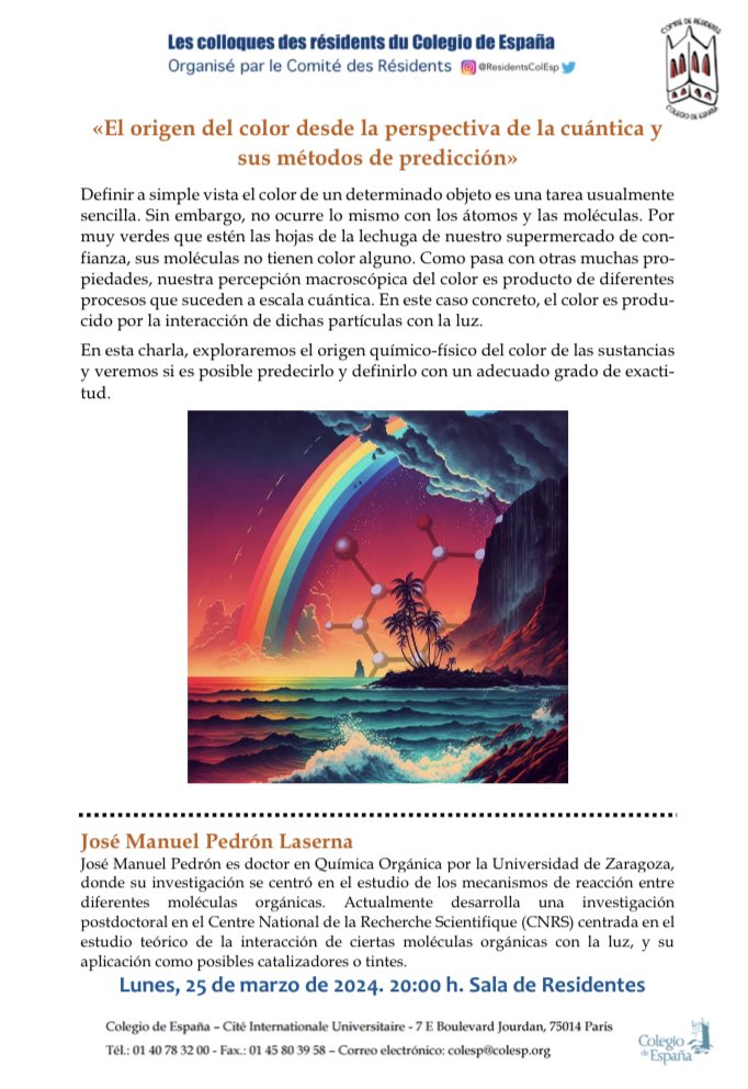 Hoy, en nuestras charlas de los lunes, José Manuel nos habla sobre “ El origen del color desde la perspectiva cuántica y sus métodos de percepción”. 

⏰20h
📍 Sala de Residentes. 

Nos vemos allí 🫰🏻
