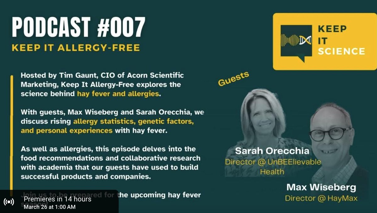 Premiering tomorrow- the latest <a href="/KeepItScience/">Keep It Science</a> podcast on managing hay fever- naturally (tap in link below to get notified). We join <a href="/HayMaxbalm/">HayFever?HayMax</a> founder &amp; Nutritionist Tim Gaunt of <a href="/AcornSci/">Acorn Scientific Marketing</a> to share news, science, tips, foods that help, foods to avoid + natural supplements &amp;