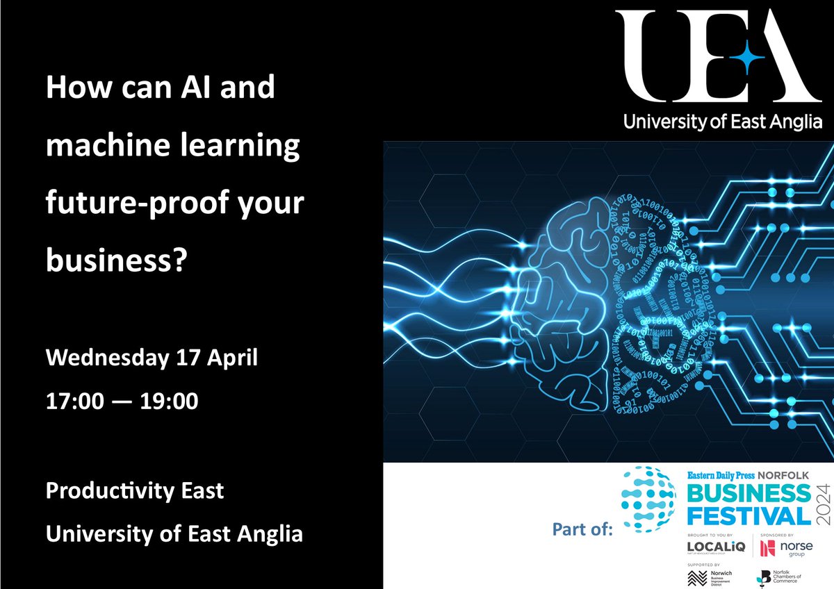 We're delighted to be part of #EDPBizFest. Join leading experts from @UEA_CMP on 17th April to learn how AI and machine learning can future-proof your business. See here for more info and to book a spot: bit.ly/4cpAxJE