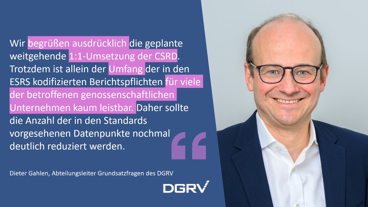 Das @bmj_bund hat am Freitag den Referentenentwurf eines #CSRD-Umsetzungsgesetzes vorgelegt. Unsere Einordnung der #ESRS sowie unsere früheren Stellungnahmen finden Sie hier👉dgrv.de/news/gesetzese… #Genossenschaft