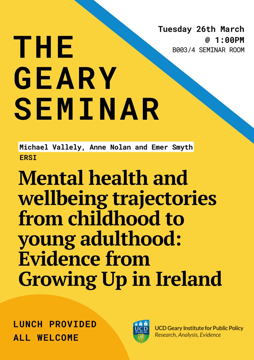 Tomorrow, 26th March, we are delighted to have Michael Vallely, Anne Nolan and Emer Smyth from the ESRI for our Geary Seminar Series. It will take place at 1pm and lunch will be provided for all attendees. We look forward to seeing you there! @UCD_Research #GearySeminarSeries