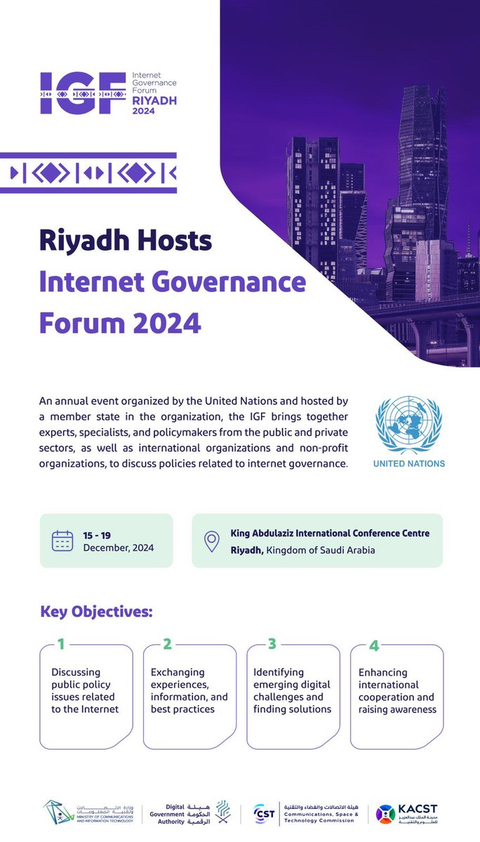 🌐 Exciting news! The 19th IGF on 'Building our Multistakeholder Digital Future' is set for Dec 15-19, 2024 in Riyadh, Saudi Arabia 🇸🇦 ^NM