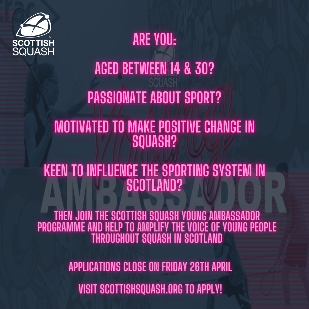 ✅ Aged between 14 & 30? ✅ Passionate about sport? ✅ Want to influence #SquashinScotland? Then join the Scottish Squash Young Ambassador Programme! Find out more and apply 👉bit.ly/4coO3xn