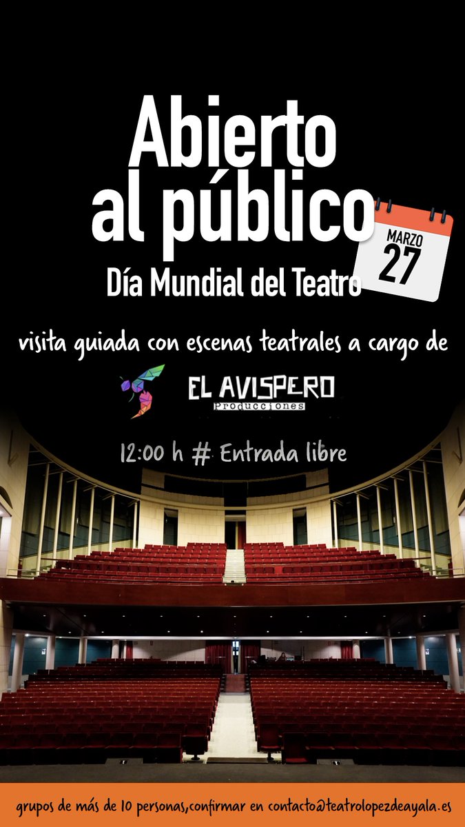 Este año celebramos el #Díamundialdelteatro 🎭de una forma especial 🙂😀

Contaremos toda la historia del <a href="/lopezdeayala/">Teatro López de Ayala</a>, sus  fechas emblemáticas y muchas curiosidades en una visita guiada con 👉 la ayuda de las escenas teatrales a cargo de  <a href="/Avispero_teatro/">El Avispero Producciones</a> 
¿Te apuntas?  😏