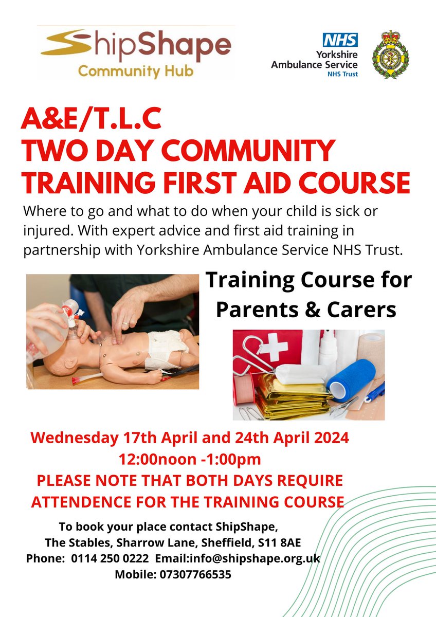 FREE! Two Day First Aid training course for Parents and Carers at Shipshape Community Hub
Ring to book a place on 0114 250 0222 or email us at info@shipshape.org.uk
#firstaidtraining