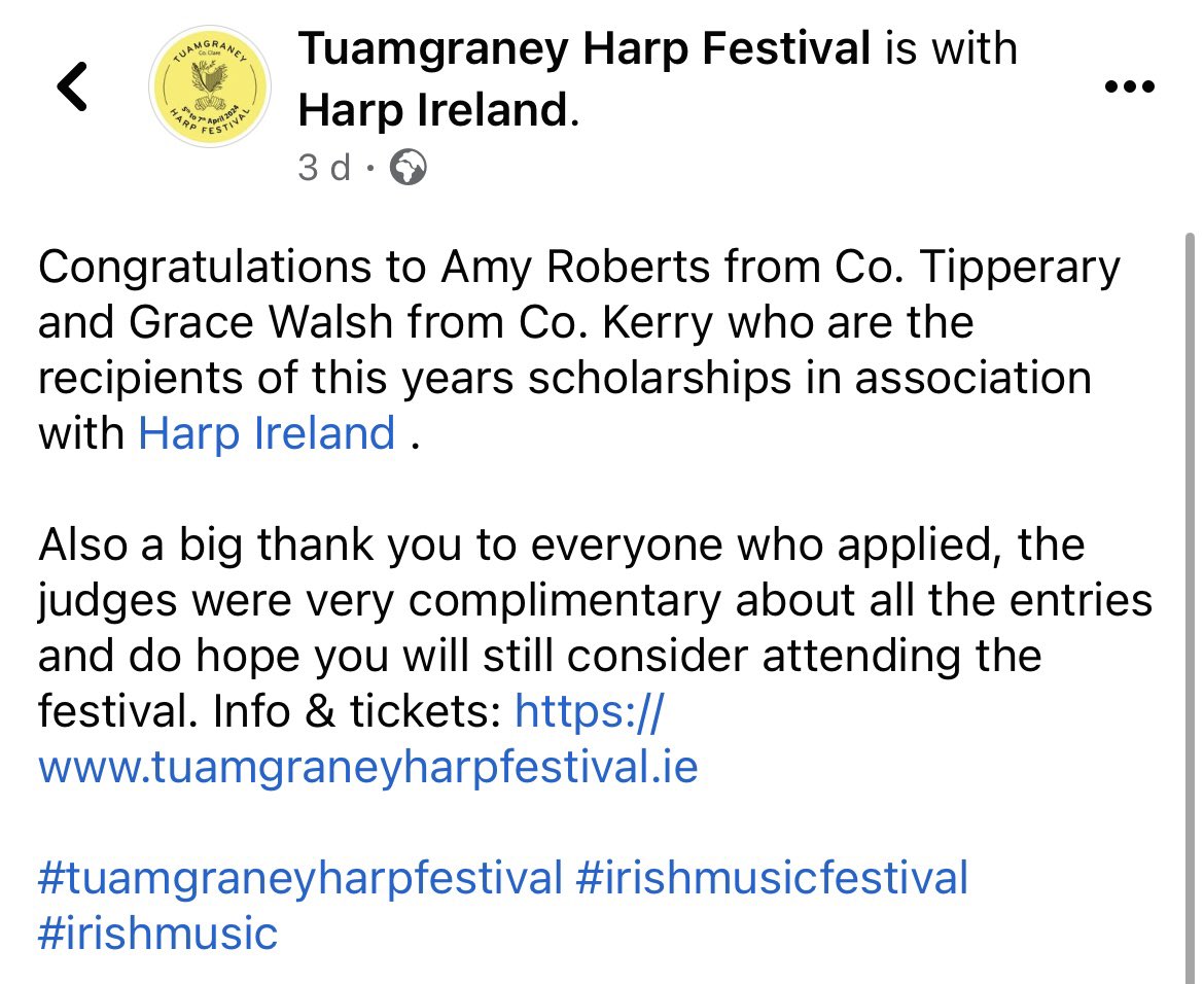 Supporting emerging Irish harpers throughout their harping journey 🙌🏻 Comhghairdeas le Grace Walsh agus Amy Roberts, bainigí sult as an deireadh seachtaine iontach seo 👏🏻🎶 #SupportingIrishHarpers #Harp #Cruit