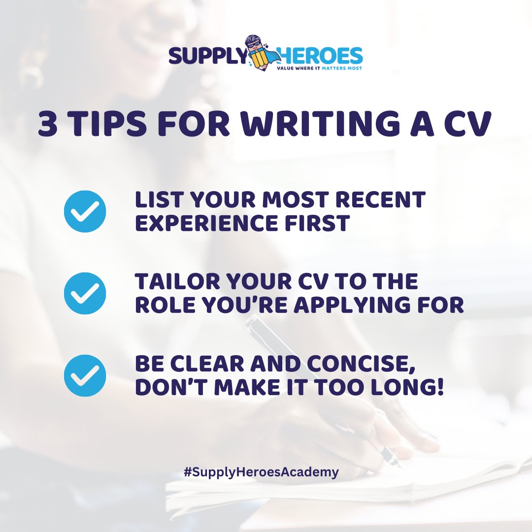 3 tips for writing a great CV 👇 ✏️ List your most recent experience first ✏️ Tailor your cv to the role you’re applying for ✏️ Be clear and concise, don’t make it too long! Got any other CV writing pointers? 💭 #SupplyHeroesAcademy #NewTeacher #QualifiedTeacher