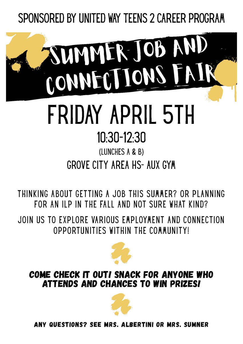 📣📣Attention GCHS students: Come check out the summer job fair in the Aux Gym Friday, April 5.