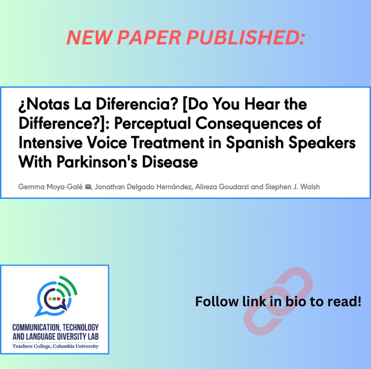 Read more about this treatment study focused on changes on perceptual variables impacted by dysarthria in Spanish individuals with PD! #ASHA #parkinsonsdisease #spanish #voicetreatment #teacherscollege #columbiauniveristy