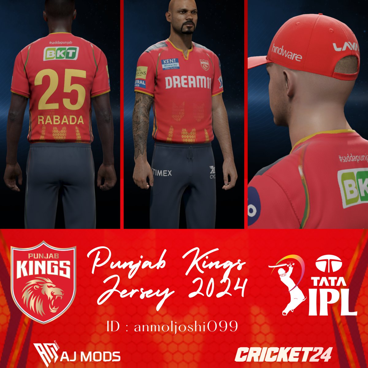 🏏 Are you all set for the exciting PBKS vs RCB match? 🎉 Gear up with the latest PBKS jersey for Cricket 24! 🌟 Download it now from ID: anmoljoshi099. 
🔥 Let's get ready to witness an epic showdown! 💪 #RCBvsPBKS #IPL24 #Cricket24 #AJMods 🏆