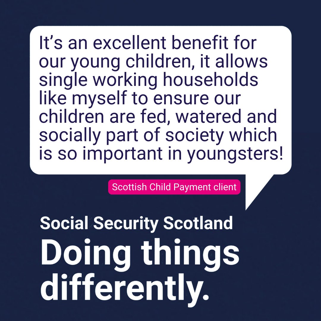 Scottish Child Payment is only available in Scotland and helps with the costs of supporting children. It's £100 paid every 4 weeks and you may be eligible if you get qualifying benefits and have a child or children aged up to 16. More at bit.ly/ScotChildPayme…