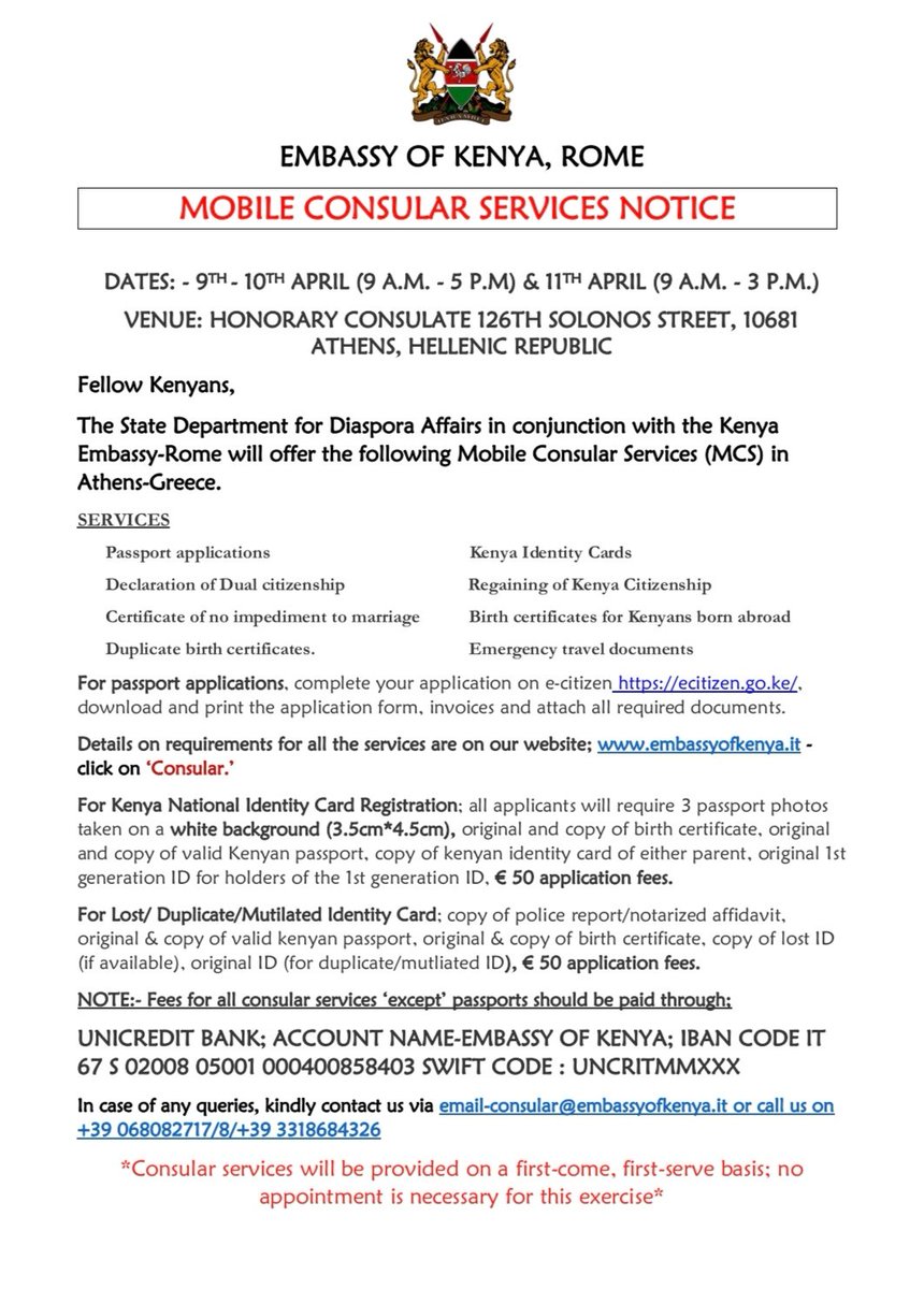 MOBILE CONSULAR SERVICES NOTICE - GREECE

<a href="/ForeignOfficeKE/">State Department for Foreign Affairs | Kenya</a>
<a href="/Diaspora_KE/">State Department for Diaspora Affairs | Kenya</a>