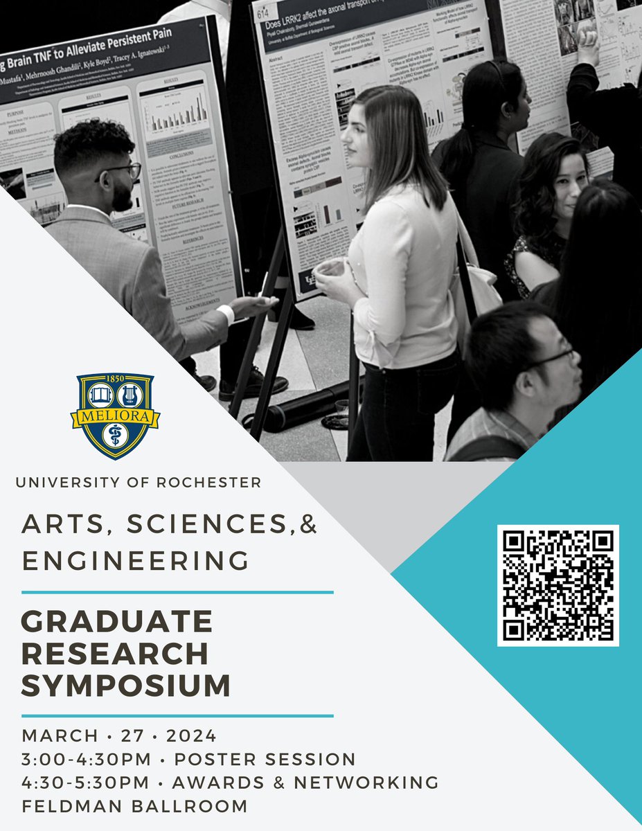 BCS has four graduate students presenting at the Graduate Research Symposium Wednesday, March 27, 2024 Feldman Ballroom, Douglass Commons 3-4:30 p.m. Poster Session 4:30-5:30 p.m. Awards and Networking Reception rochester.edu/college/gradst…
