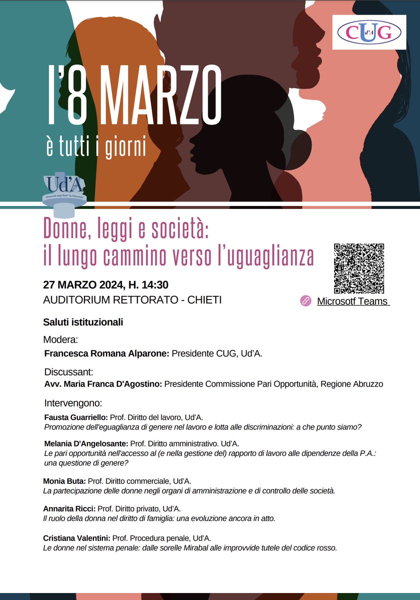 Donne, leggi e società: Il lungo cammino verso l'eguaglianza 27 marzo 2024, ore 14,30 - Auditorium del Rettorato, Campus Chieti Comunicato stampa e informazioni: unich.it/news/donne-leg…