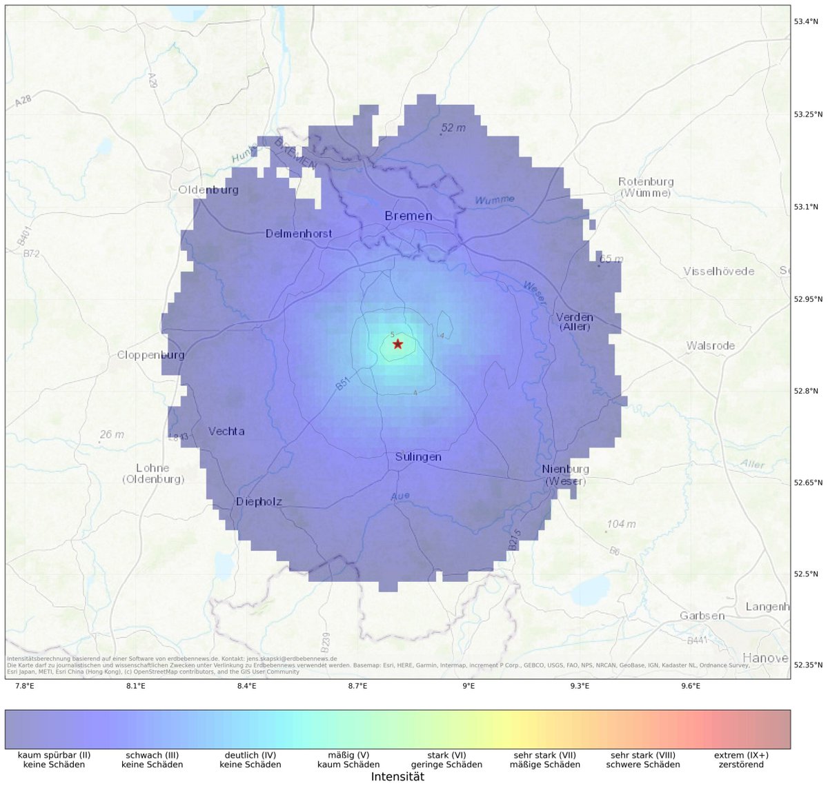 Die BGR ermittelte für das Erdbeben Magnitude 3.6, Epizentrum statt in Bassum im angrenzenden Syke. Zeugen berichten von einem lauten Knall, wackelnden Möbeln und klirrenden Gläsern. Korrigierte und kalibrierte ShakeMap auf Basis von Zeugenmeldungen und BGR-Daten. Intensität V+