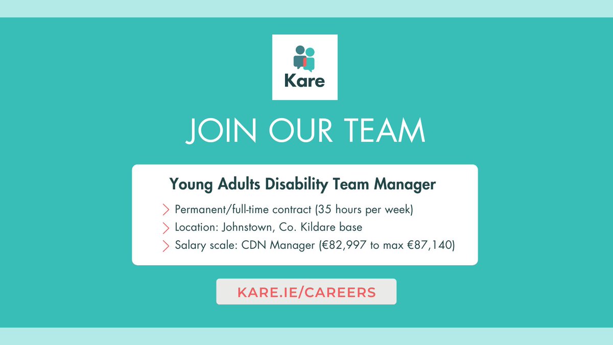 📣We're hiring!📣 The Young Adults Disability Team Manager is responsible for the development and delivery of services for the Young Adults Team within CHO7. 📌Visit kare.ie/careers to learn more and apply. #JobFairy