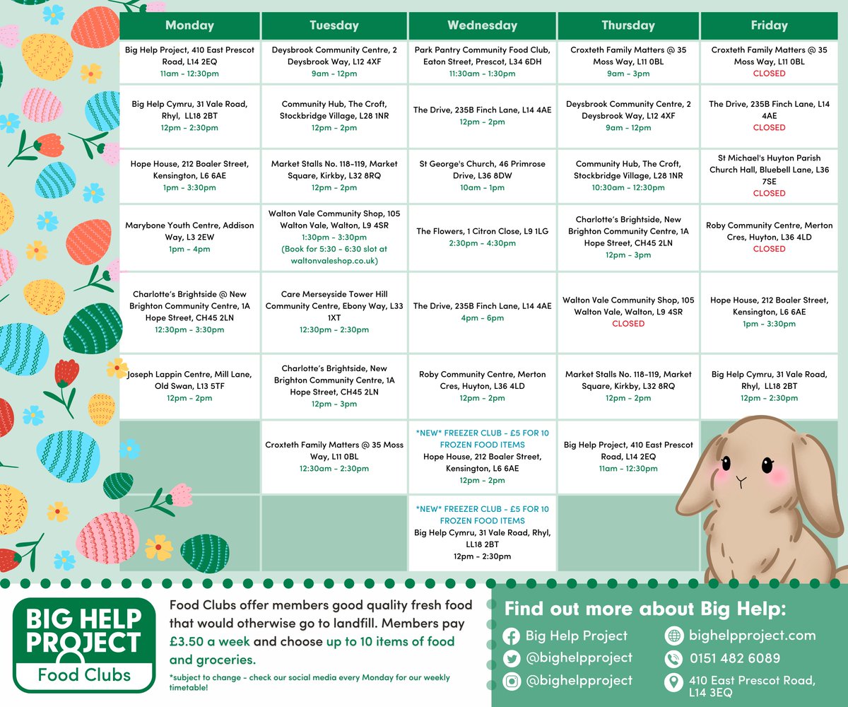 Lots of changes for the week leading up to Easter! Our only clubs open on Good Friday will be Rhyl and Boaler Street, Walton Vale will be closed on Thursday, and Croxteth are running an extra session on Tuesday. 🐰