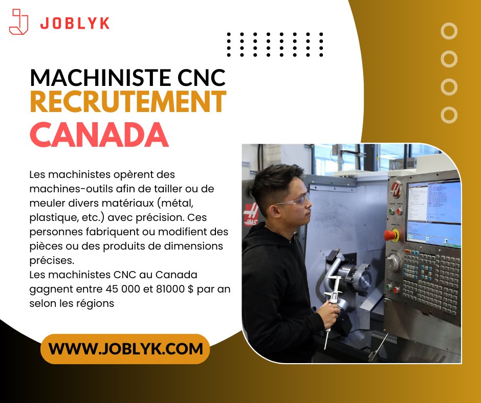 Rejoignez notre équipe de machinistes CNC au Canada pour des opportunités de carrière avec des salaires compétitifs allant jusqu'à 80000 $ par an. Postulez dès maintenant chez JOBLYK! 🇨🇦✨ #CNCMachinist #RecrutementCanada #EmploisManufacturiers #ÉvolutionProfessionnelle #joblyk