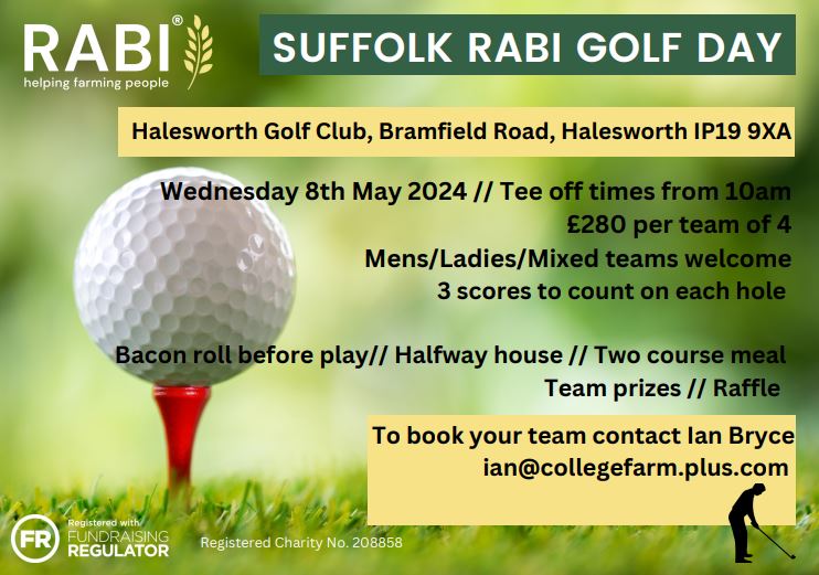 Calling all Golfers, Suffolk <a href="/RABIcharity/">RABI - the farmers charity</a> are hosting their annual golf day on Wednesday 8th May <a href="/HalesworthGC/">Halesworth Golf</a> . If you are interested in putting in a team, please get in touch. #charitygolfday #fundraisingevent #heartoffarming #supportingfarmingfamilies #suffolk #golf #HoleInOne