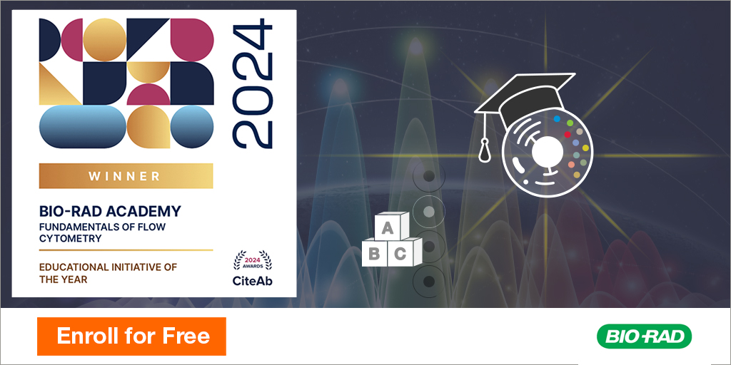 BioRadFlowAbs's tweet image. Learn the basics of flow cytometry with Bio-Rad's Fundamentals of Flow Cytometry course, winner of @CiteAb's Educational Initiative of the Year 2024 award. Enroll for free: ow.ly/eM2450QXE5w

#FlowCytometry #Antibodies #CiteAbAwards #CiteAbAwards24
