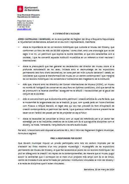 <a href="/ERCbcn/">ERC Barcelona</a> veiem amb preocupació una reorientació del Museu del Disseny en el marc del DHUB que n'obvia la seva perspectiva patrimonial fent que perdi la seva potència per explicar d'on venim, qui som i, alhora, impulsar la nova producció artística i aplicada del sector del disseny.