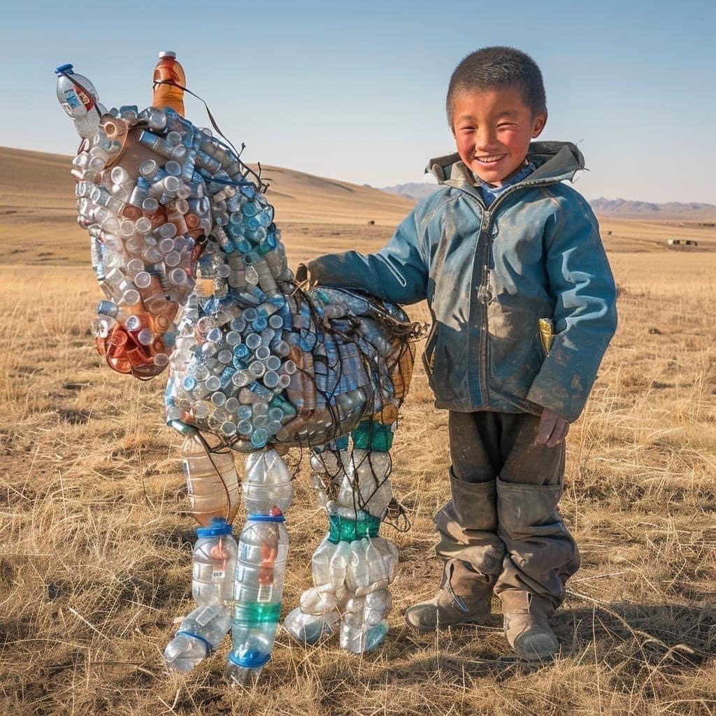 モンゴル。草原の子供の藝術作品。
実は、ペットボトルは公害となっている。