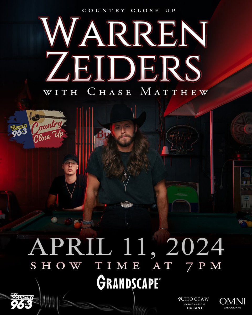 JUST ANNOUNCED! Our first Country Close Up of 2024 is…Warren Zeiders, with special guest Chase Matthew! Join us at @GrandscapeTX on Thursday, April 11 for a free show on the lawn! Want to sit in our VIP Section – text PRETTY to 888-787-1963 for your chance to be upgraded!