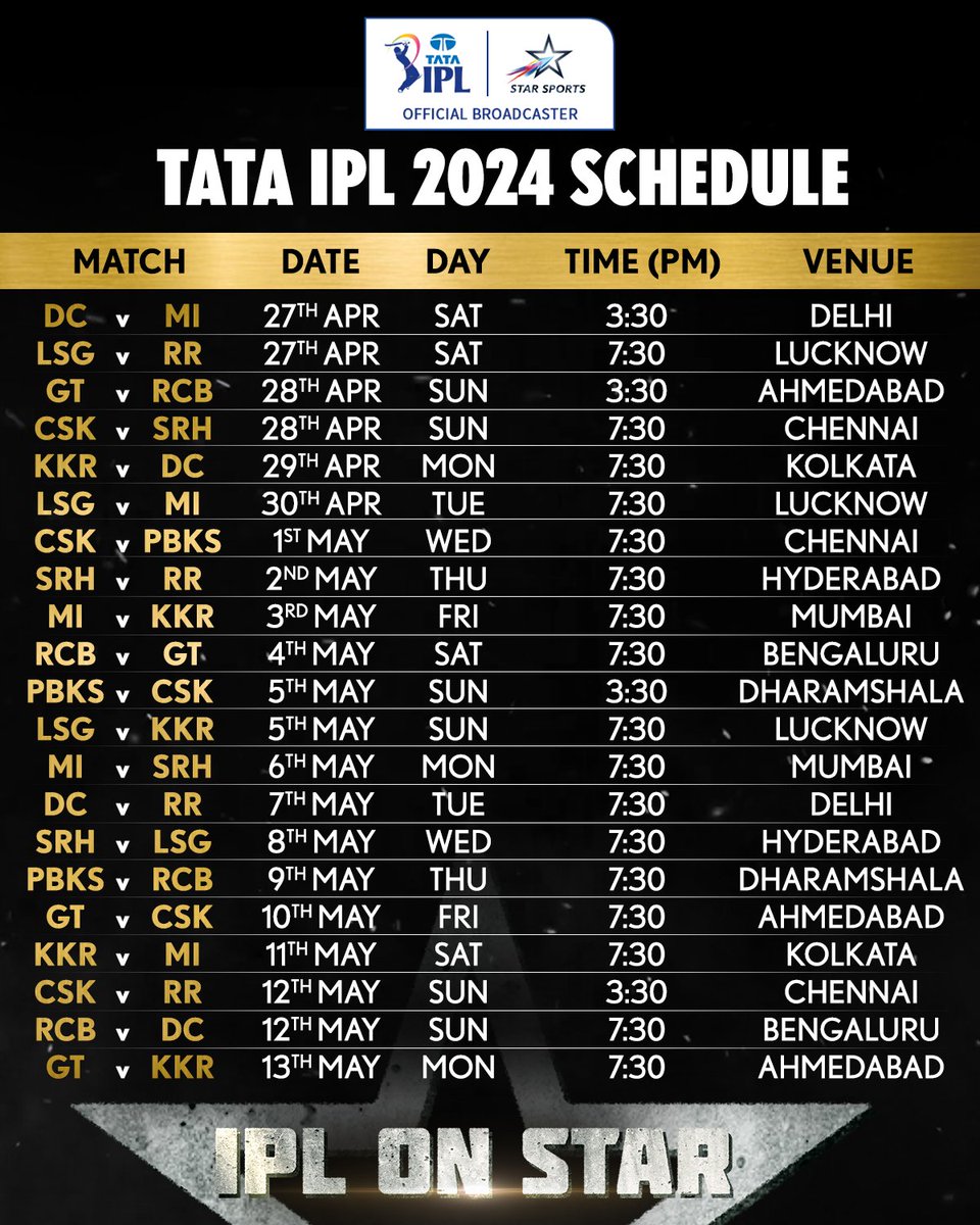 StarSportsIndia's tweet image. The wait is finally over! 😍

Here's the complete TATA #IPL2024 schedule! Mark your calendars 📅 and don't miss out on the non-stop cricket excitement 🔥

Tune-in to #IPLOnStar, LIVE, Only on Star Sports