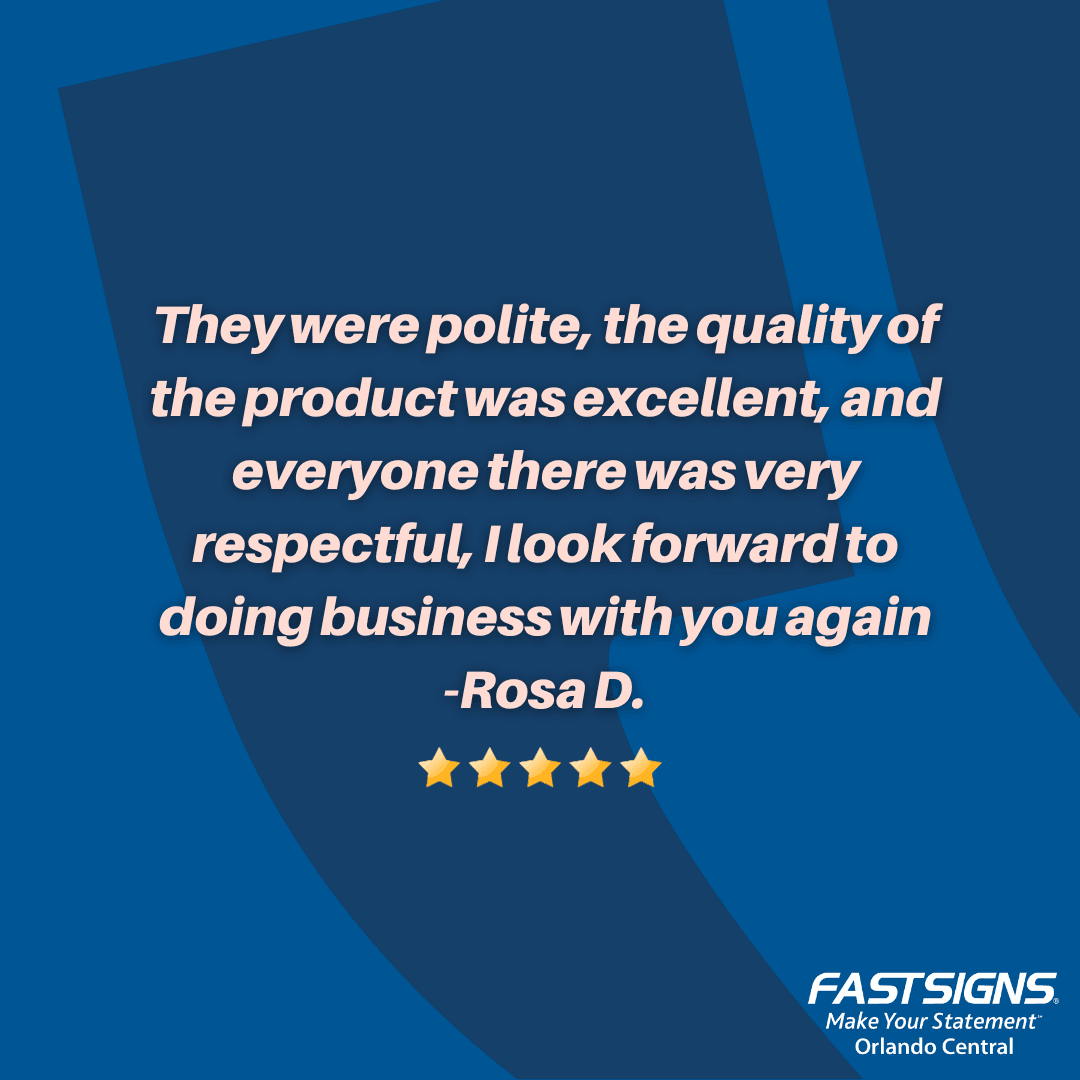 FastsignsOrland's tweet image. Thank you for the sweet review, Rosa. It is our mission to bring humanity and respect to every project we do. Thank you for helping us reach that goal! 

#fastsigns #fastsignsdidit #realreviews #customerservice #dreamteam #signs #shoplocalorlando #orlandosmallbusiness